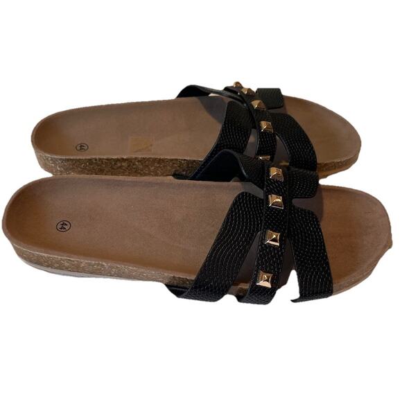 NEW Black Studded Cork‎ Slide Sandals Women’s 11 EU 44 Faux Leather - Picture 2 of 5